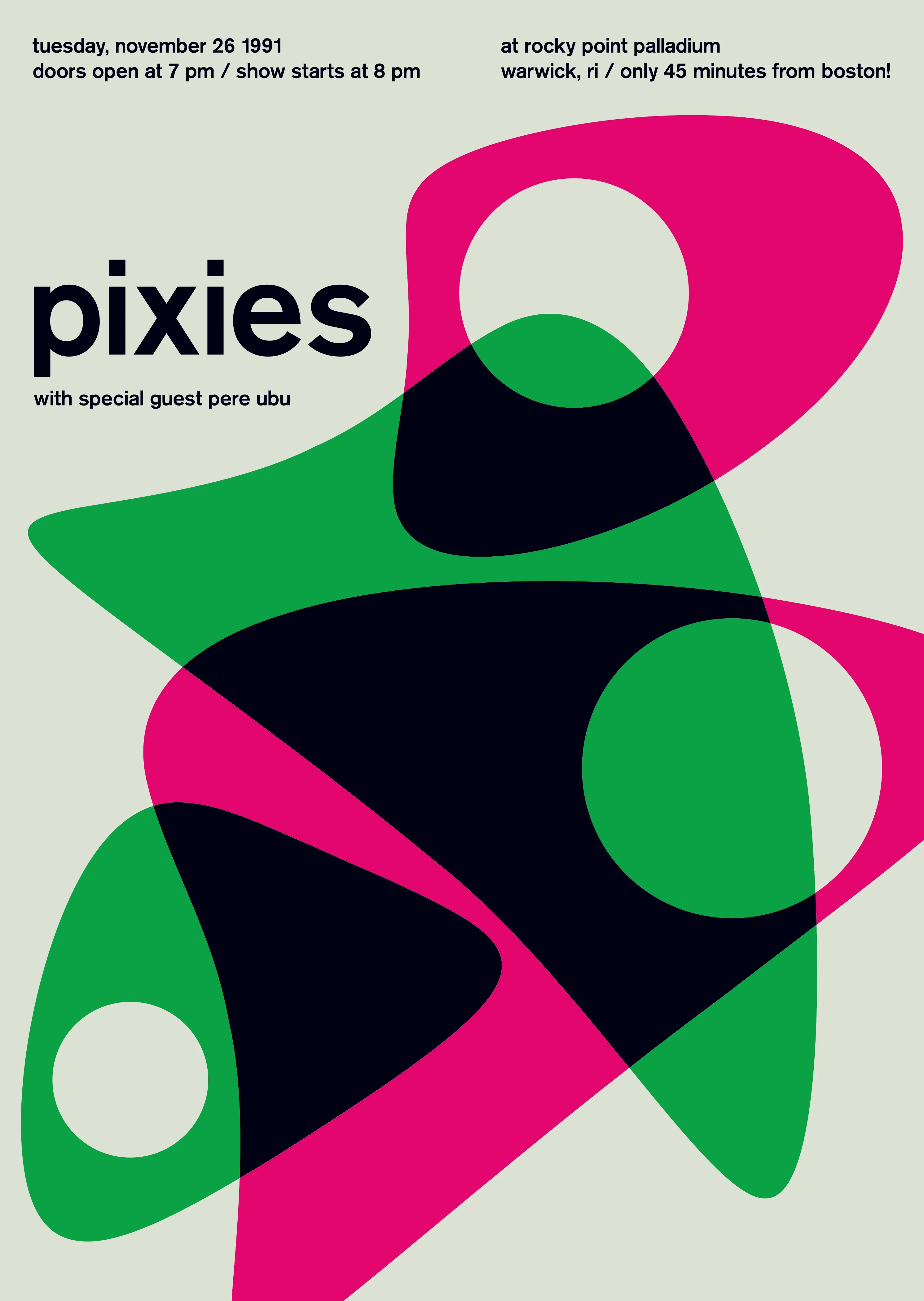 Pixies poster using fluorescent pink, green and black abstract forms